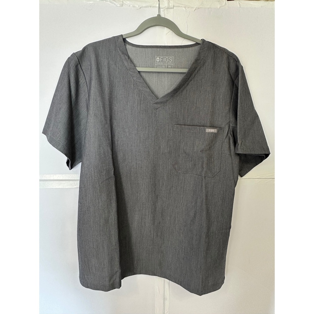 FIGS Technical Scrub Top V-Neck Short Sleeve Chest Pocket Medical Gray M
